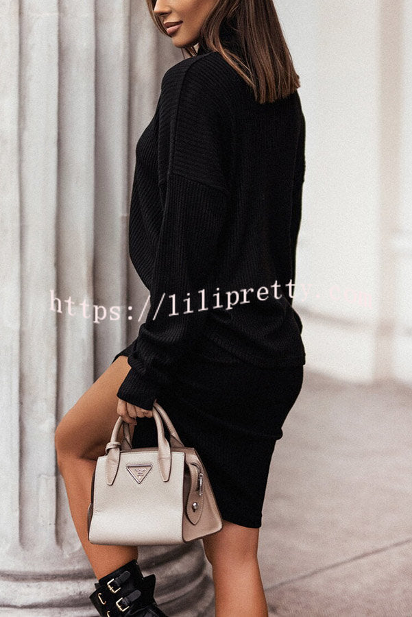 Lilipretty Life of Ease Turtleneck Ribbed Skirt Suits