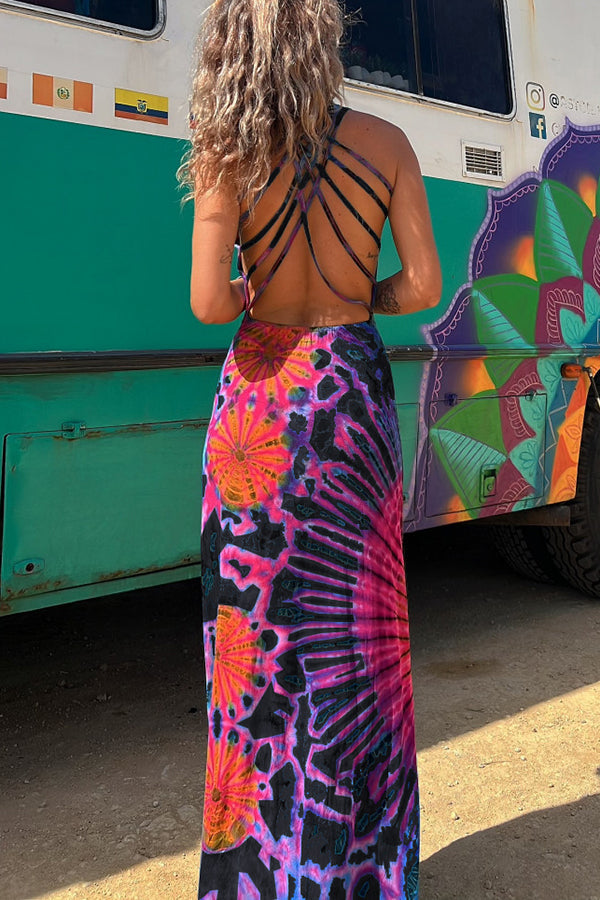 La Bamba Tie-dye Print Back Lace-up Stretch Maxi Dress lilipretty La Bamba Tie-dye Print Back Lace-up Stretch Maxi Dress lilipretty