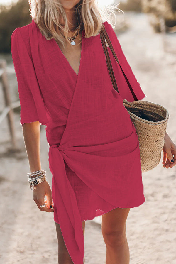 cotton wrap mini dress Sunset Check-In Pink & Orange Plaid Cotton Wrap Mini Dress
