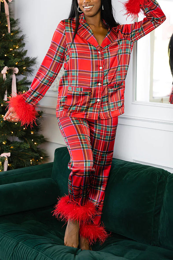LIlipretty Christmas Besties Party Printed Feather Trim Elastic Waist Pocketed Pajama Set