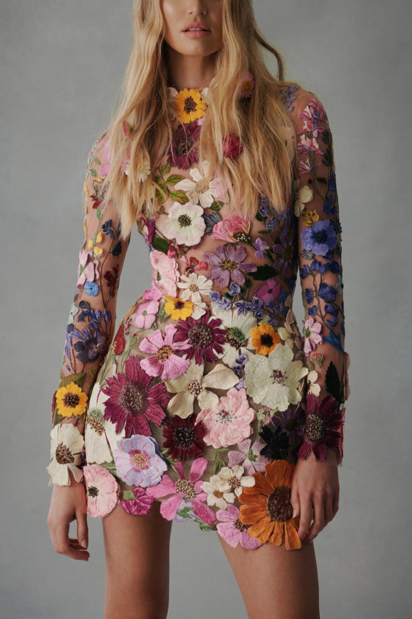 Elegantly Enchanted Floral Applique Backless Long Sleeve Mini Dress lilipretty Elegantly Enchanted Floral Applique Backless Long Sleeve Mini Dress lilipretty