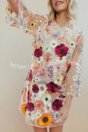 Lilipretty Dahlia Dreaming Embroidered Floral Applique Half Sleeve Mini Dress