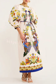 Garden Party Unique Heaven Bird Print Puff Sleeve Pocketed Loose Midi Dress