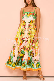 Lilipretty Enjoy Summer Lemon Linen Blend Unique Print Smocked Back Pocket Maxi Dress