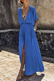 Lilipretty Deep V-neck Solid Color Mid-sleeve Large Swing Skirt Split Long Dress