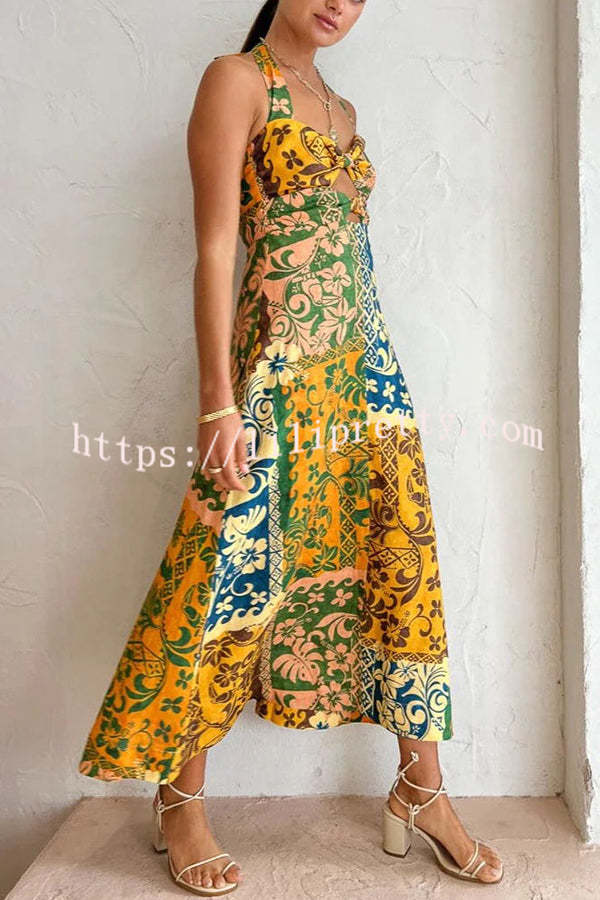 Lilipretty Colorful Dating Linen Blend Printed Cutout Back Smocked Halter Midi Dress