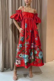 Lilipretty Sweetest Marigold Printed Gathered Sleeve Pocketed A-line Midi Dress