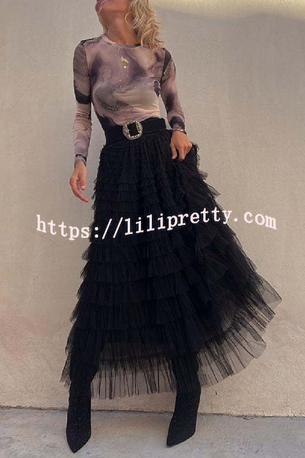 Lilipretty Be Your Own City Queen Tiered Elastic Waist Tulle Maxi Skirt