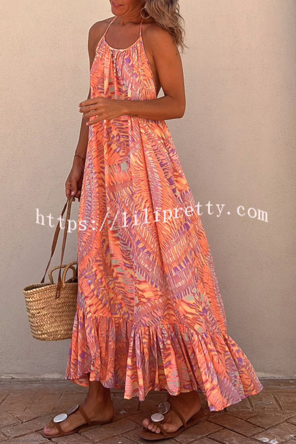 Lilipretty Sunita Ethnic Print A-line Halter Tassel Vacation Maxi Dress
