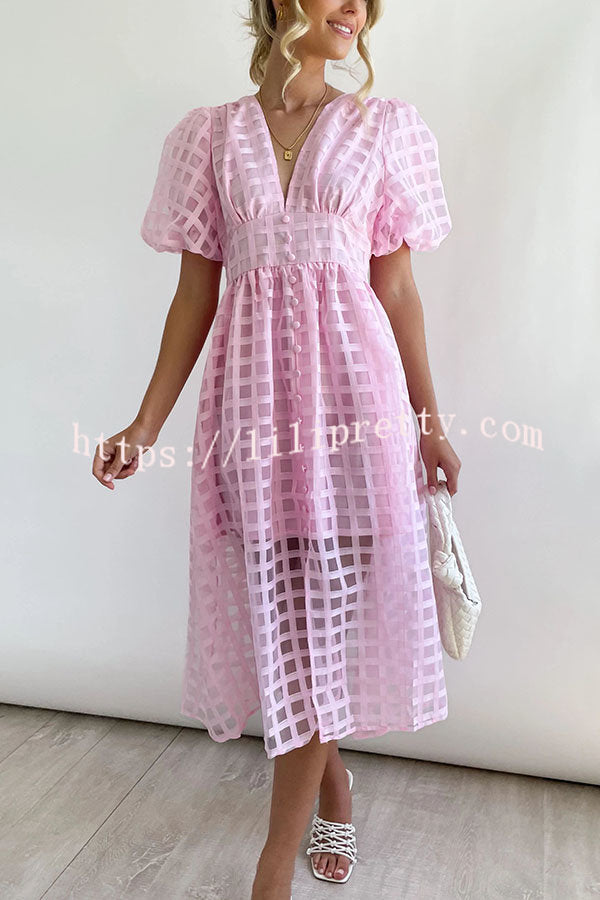 Lilipretty Remarkable Beauty Square Patterned Fabric Puff Sleeve Midi Dress
