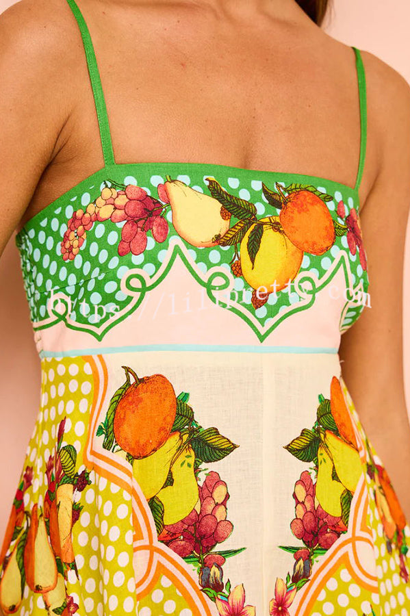Lilipretty Enjoy Summer Lemon Linen Blend Unique Print Smocked Back Pocket Maxi Dress