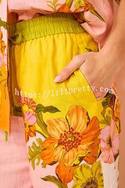 Lilipretty Martini Linen Blend Creative Flowers Elastic Waist Pocketed Wide Leg Pants
