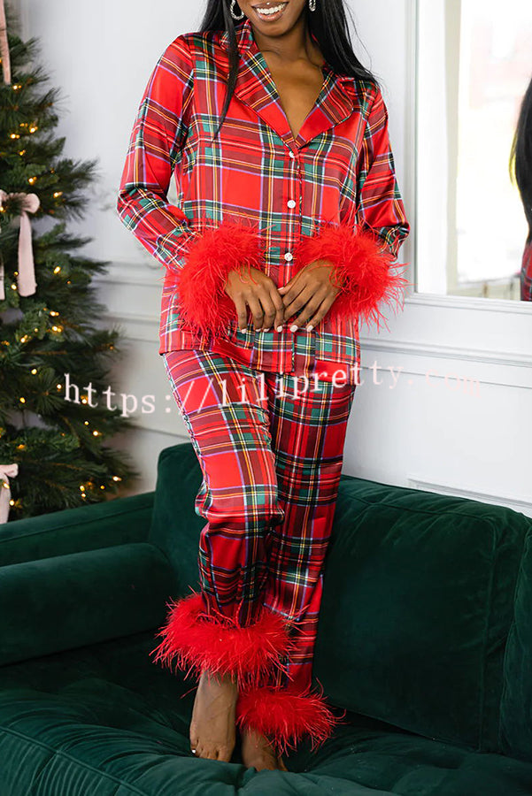 LIlipretty Besties Printed Feather Trim Elastic Waist Pocketed Pajama Set (Best Gift for the Christmas Holiday)