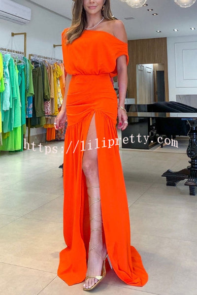 Lilipretty Midnight Chances One Shoulder Ruched Detail Slit Maxi Dress