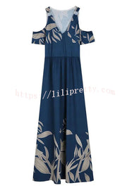 Lilipretty Ayden Plants Print Cold Shoulder Pocketed Flared Maxi Dress