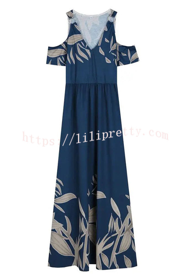 Lilipretty Ayden Plants Print Cold Shoulder Pocketed Flared Maxi Dress